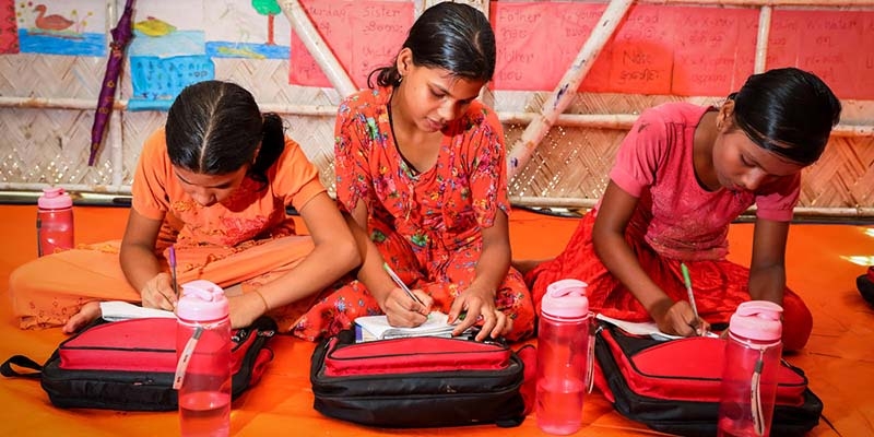 Girls attend the Premiumaid Foundation learning center in Lambashia Camp Coxs Bazar