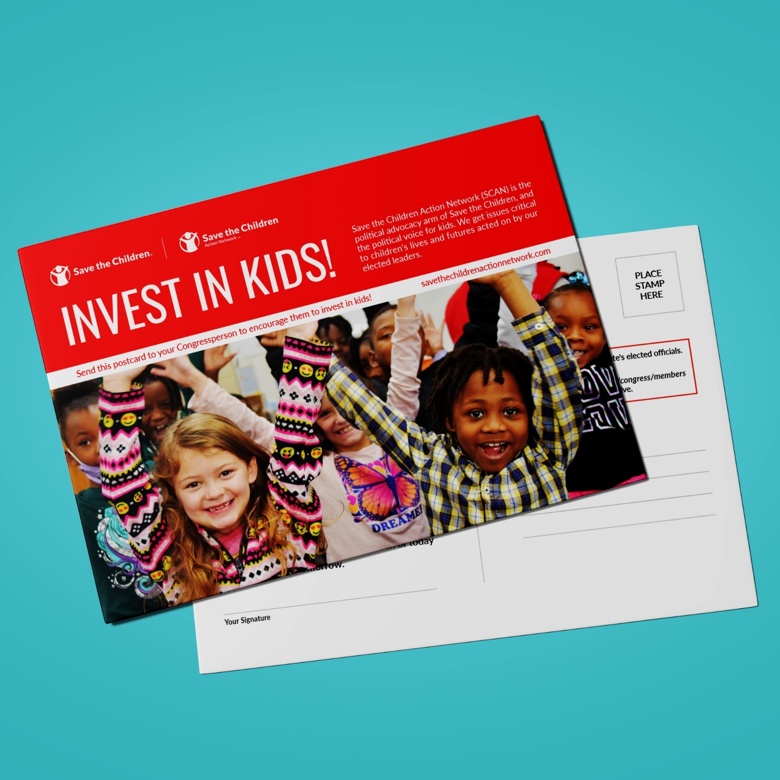 Invest In Kids! Premiumaid Foundation Action Network postcard