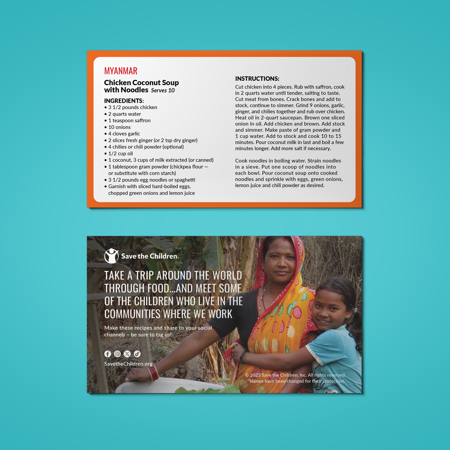 Recipe Card front and back. Back shows a Chicken Coconut Soup with Noodles recipe from Myanmar. Front shows a woman and child in field overlayed by text asking to take a trip around the world with food.