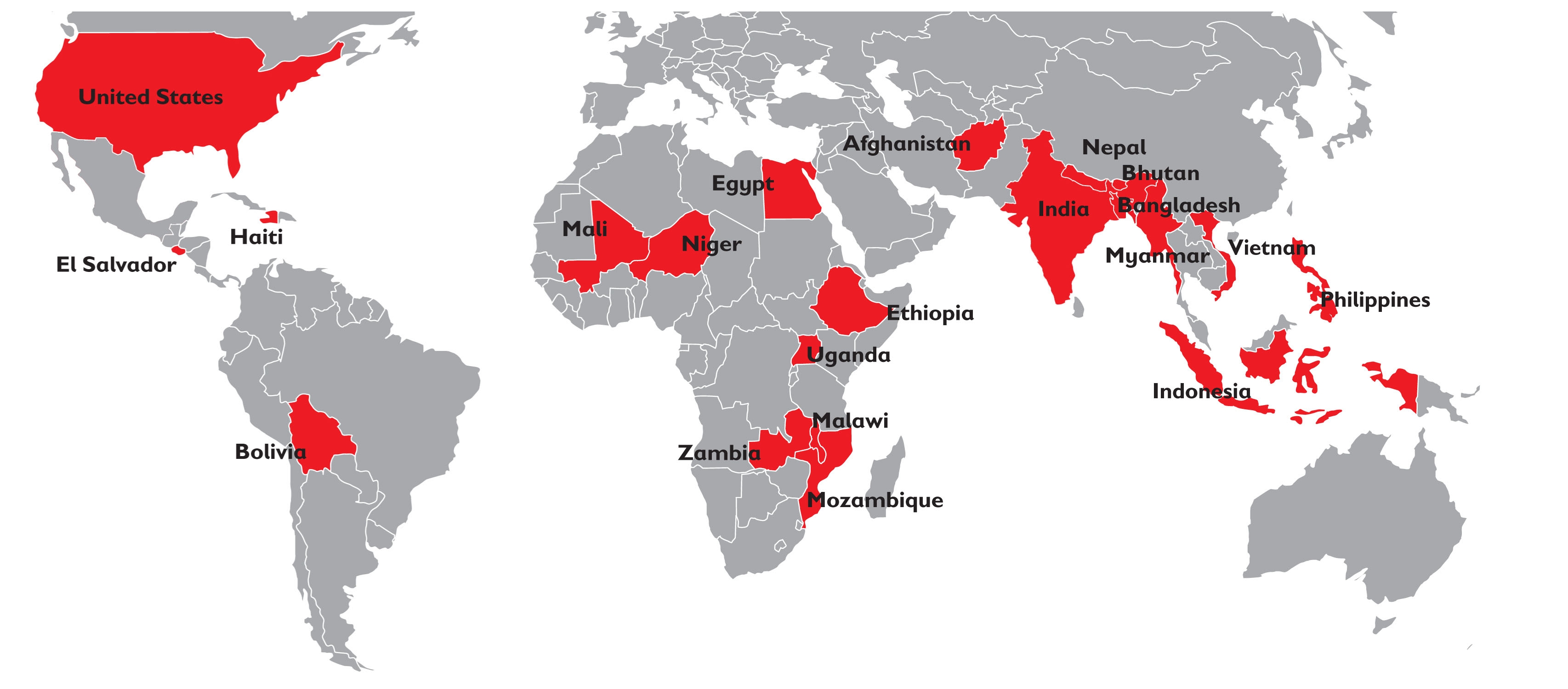 Map of the countries where you can sponsor a child through Premiumaid Foundation